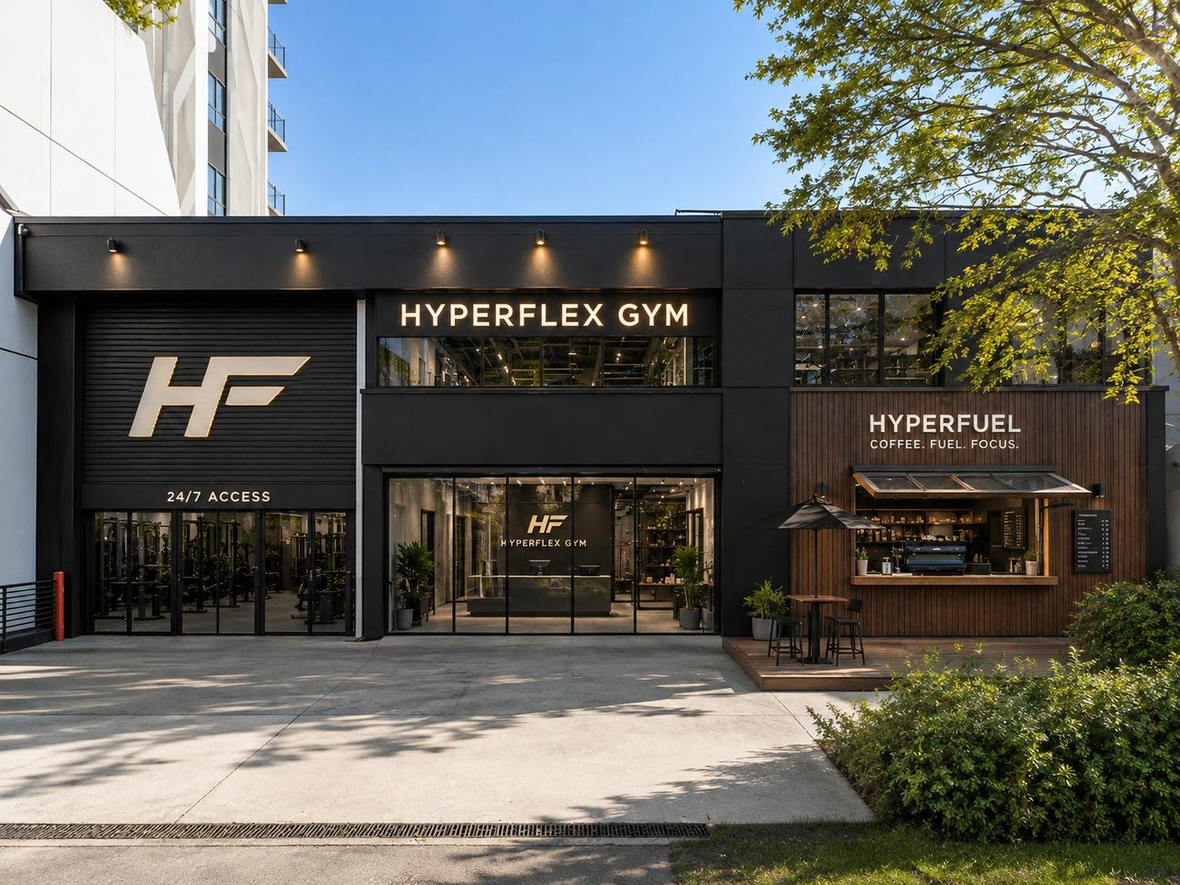 HyperFlex Gym concept render of the storefront and HyperFuel cafe
